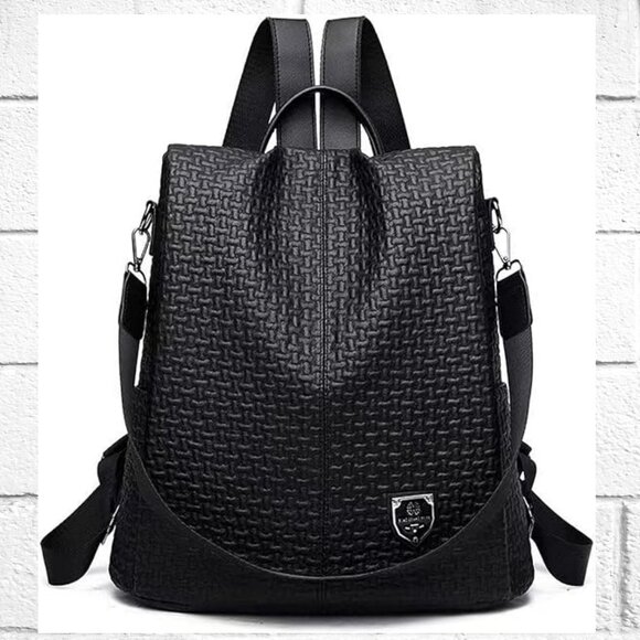 NEW! Black Faux Leather Midsize Backpack w/Rear Zipper Access & Detachable Strap - Picture 1 of 13